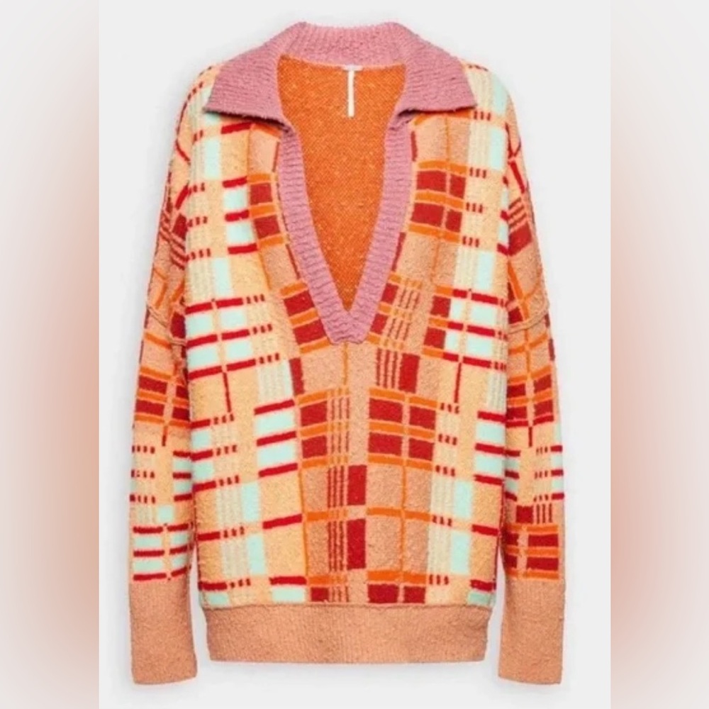 Free People Ruben Pullover Sweater Orange Plaid Oversized Boho Size M - Picture 5 of 10